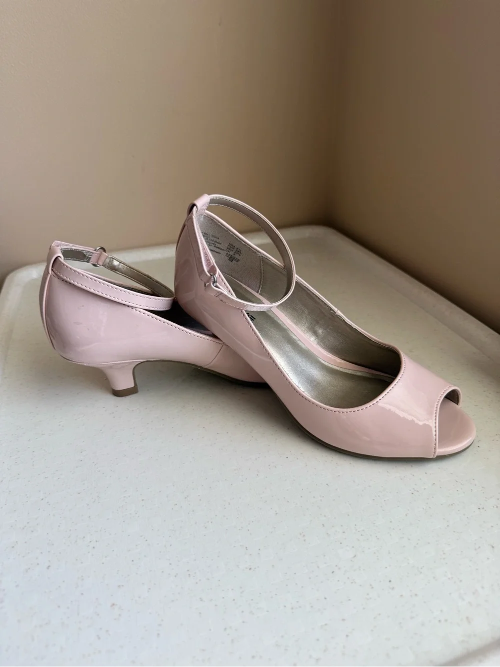 Women's Pink Patent Peep-Toe Kitten Heels with Ankle Strap